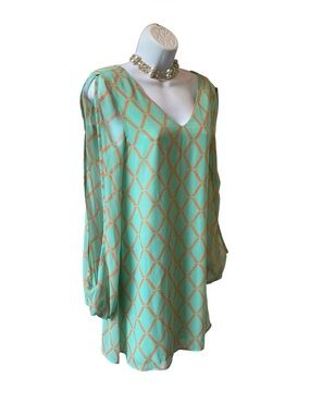 Cottagecore boho geo mint tan Lila open sleeve lined dress sz small 15-w 30L